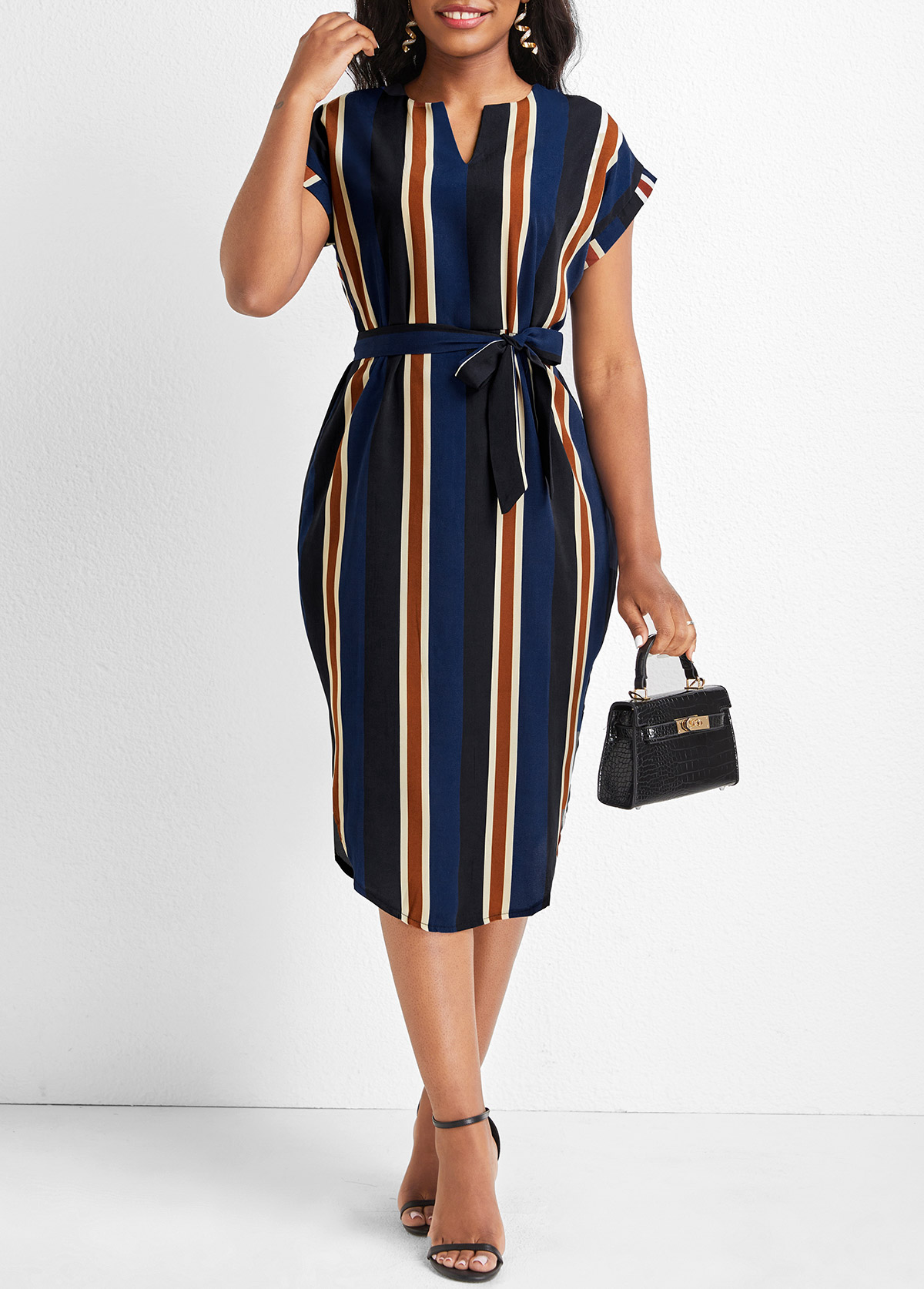 Multi Color Split Striped Belted Dress