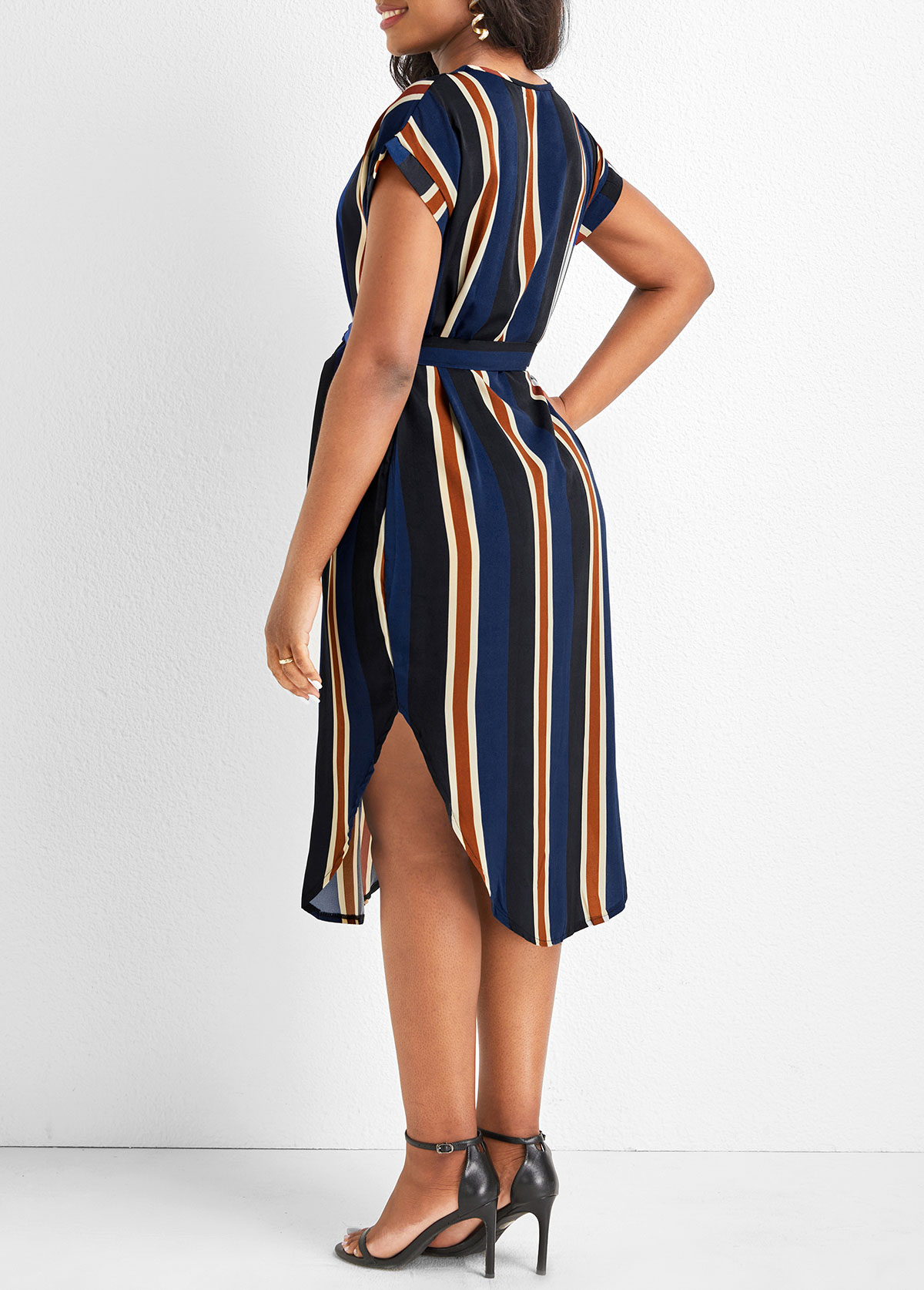 Multi Color Split Striped Belted Dress