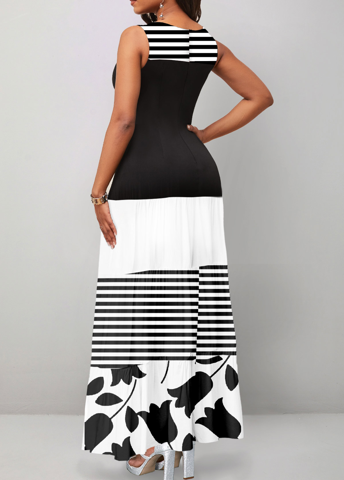 Black Patchwork Geometric Print Sleeveless Maxi Dress