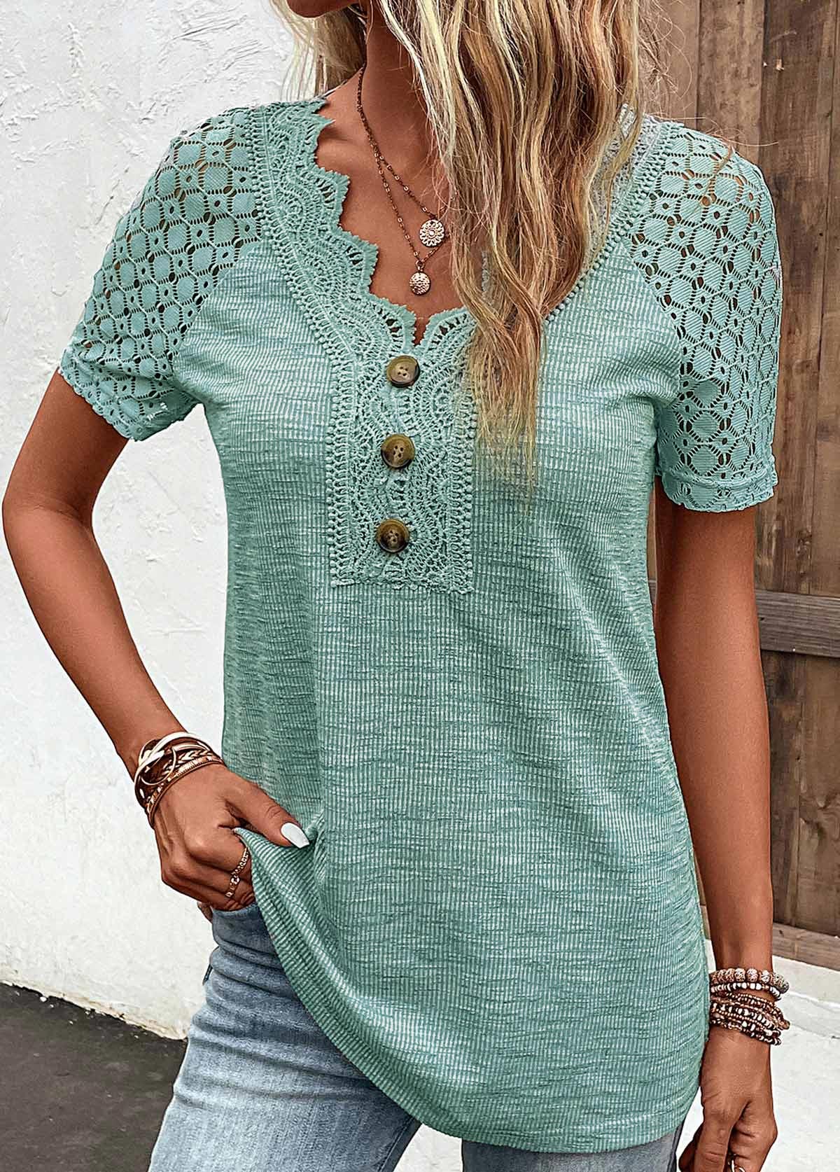 Green Lace Short Sleeve V Neck T Shirt | modlily.com - USD 33.98