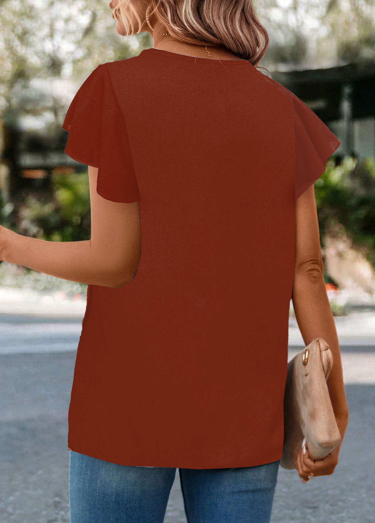 Brick Red Button Short Sleeve T Shirt
