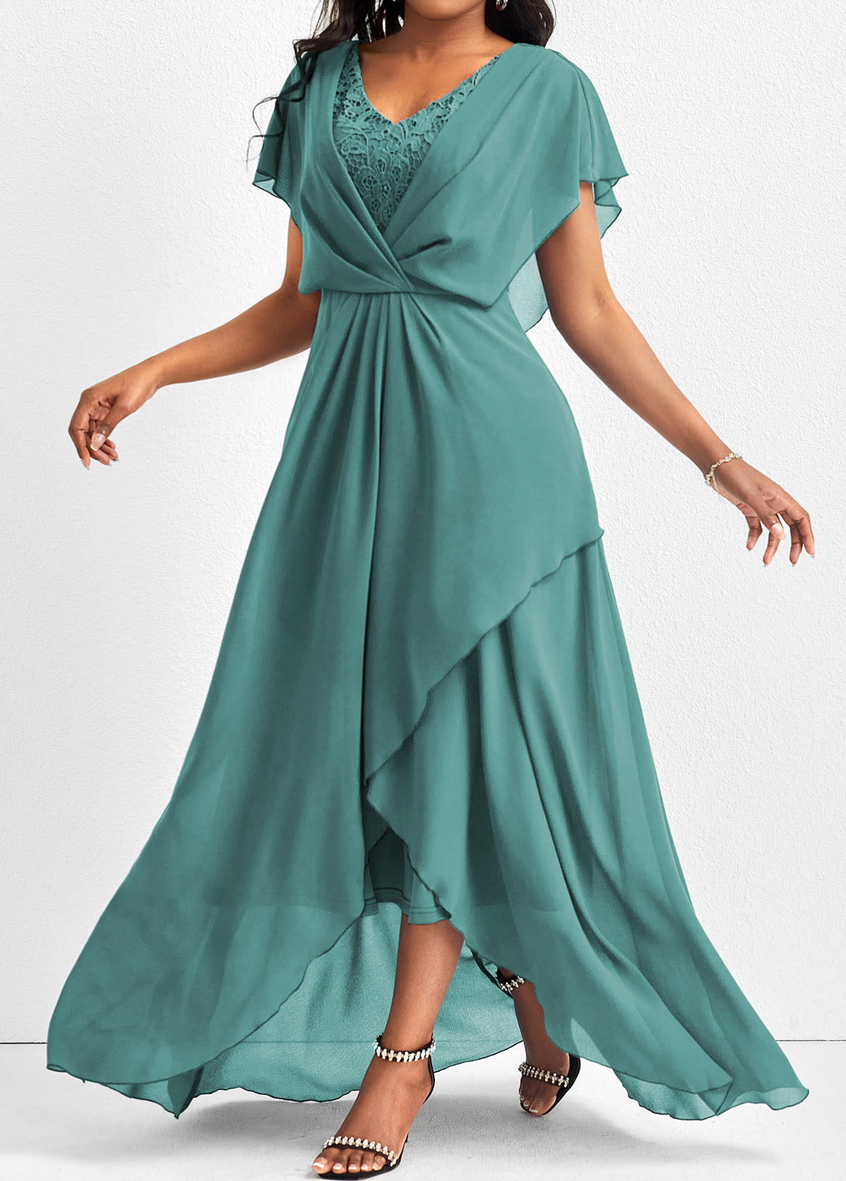 Mint Green Lace Short Sleeve Maxi Dress