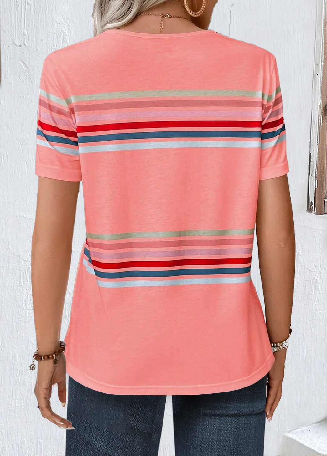 Pink Button Plus Size Striped T Shirt