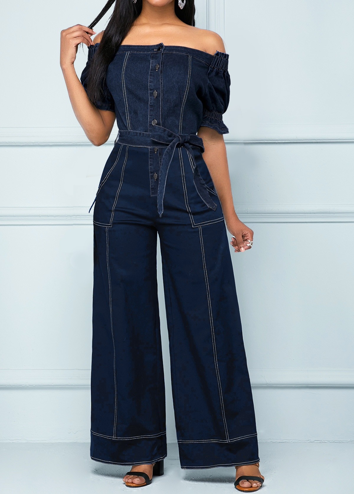 Navy Button Long Belted Short Sleeve Jumpsuit