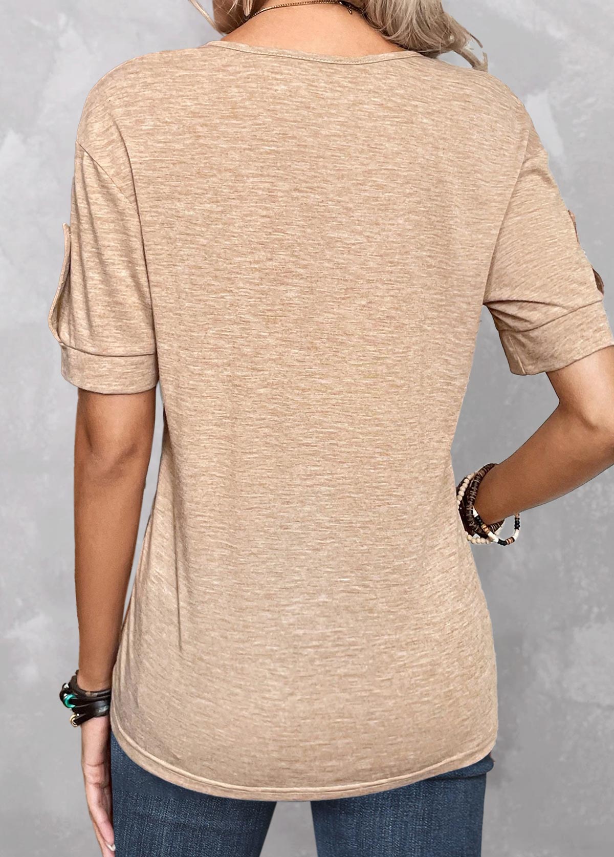 Light Camel Button Short Sleeve T Shirt
