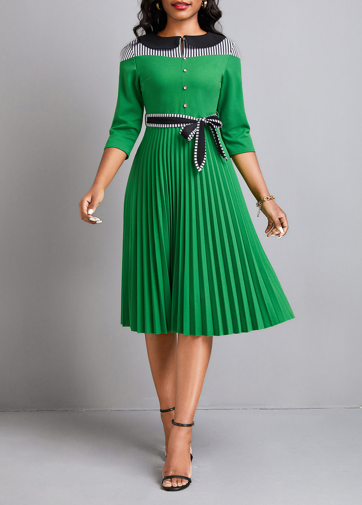 Green Button Pleated Striped Belted Dress