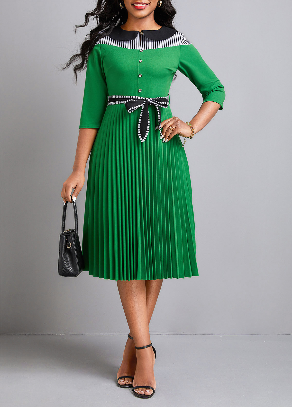 Green Button Pleated Striped Belted Dress