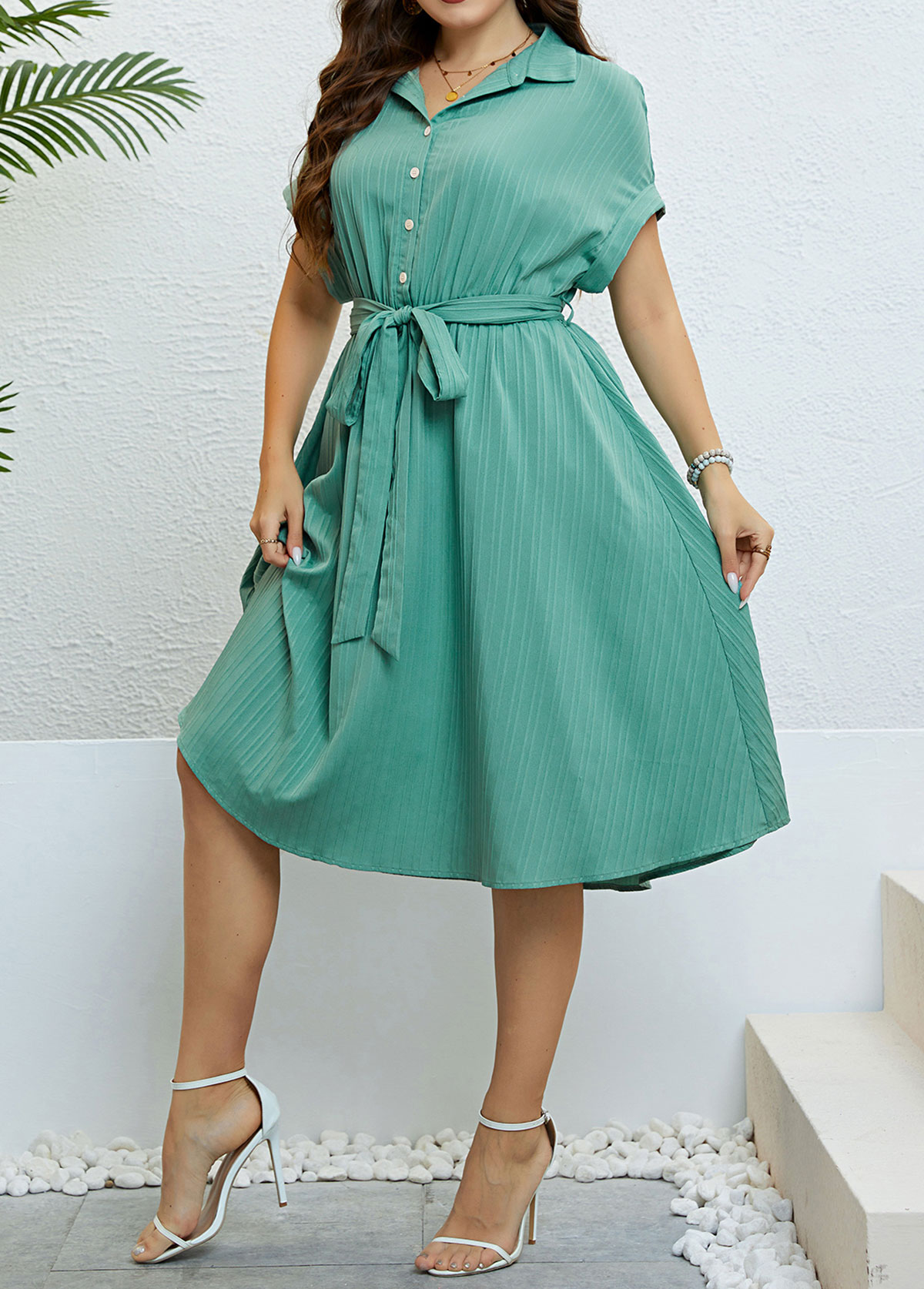 Mint Green Button Plus Size Belted Dress