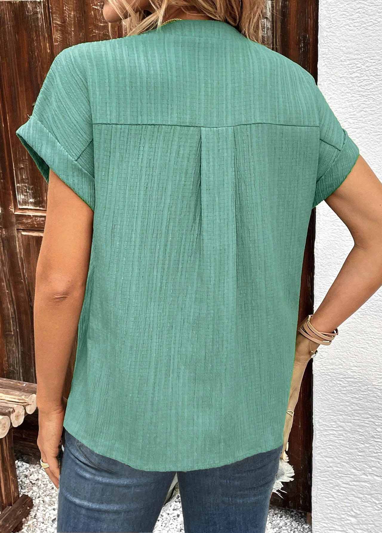 Green Button Short Sleeve V Neck T Shirt