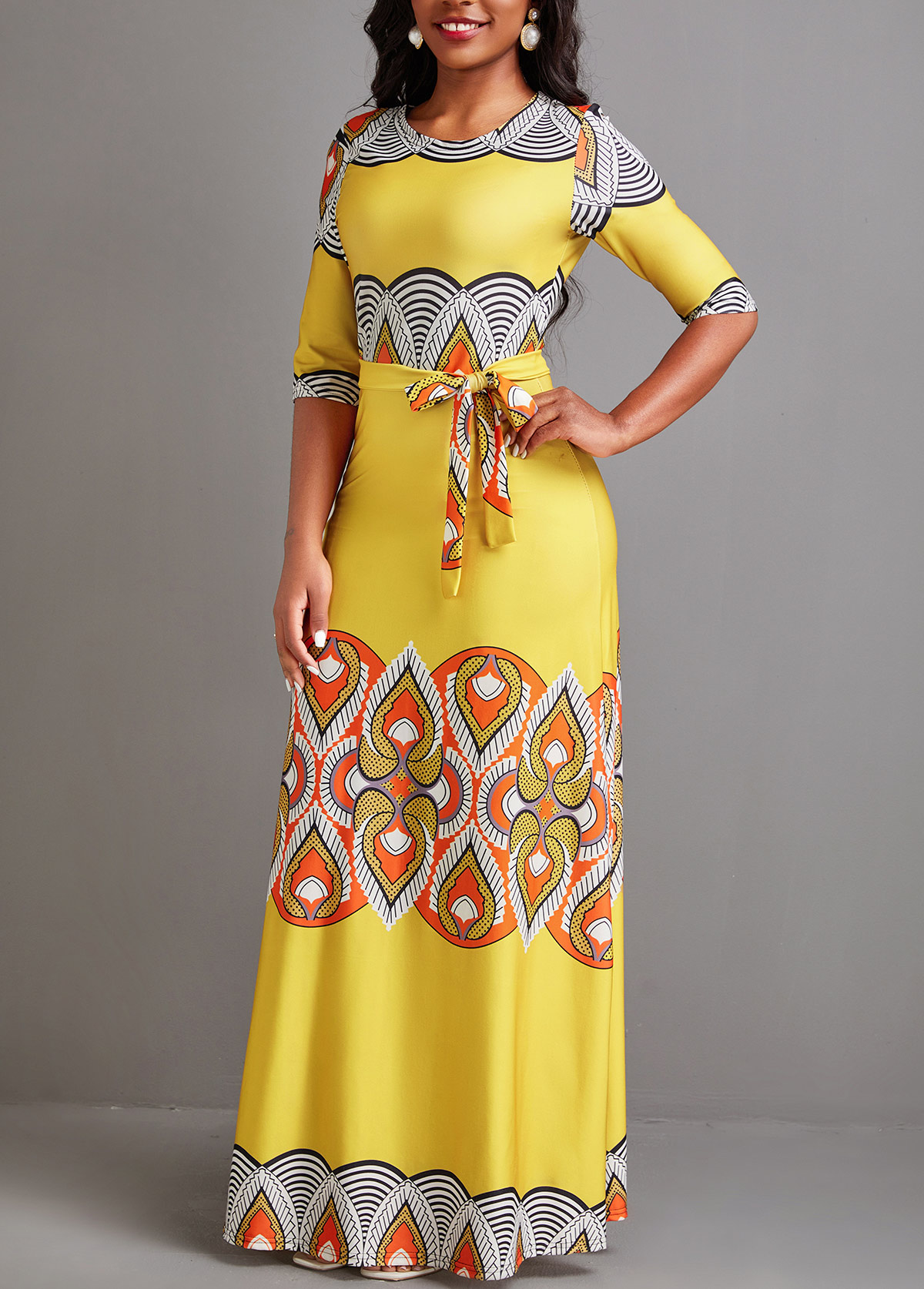 Yellow Tie African Tribal Print Belted Maxi Dress