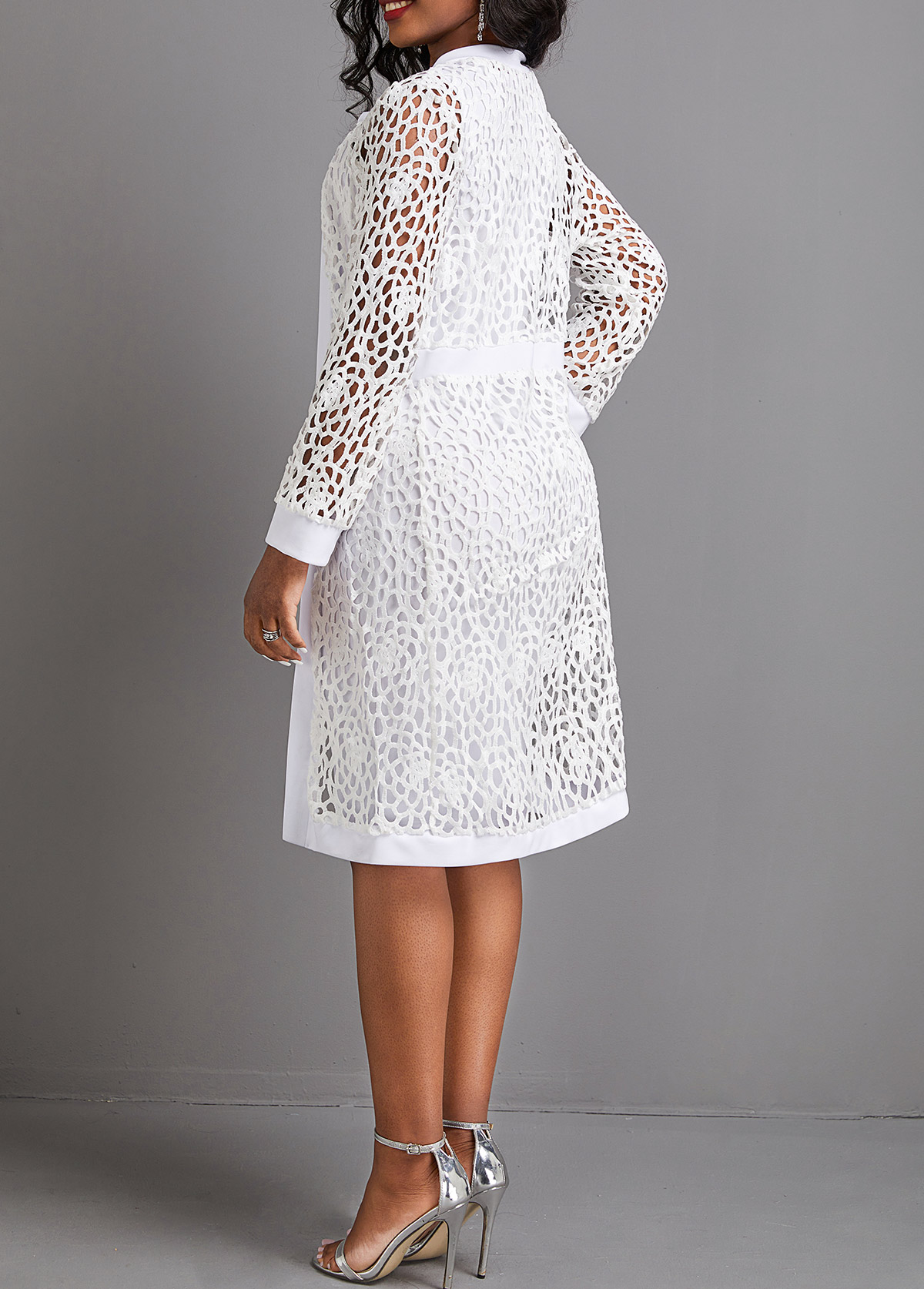 White Mesh Two-Piece Long Sleeve Dress and Cardigan