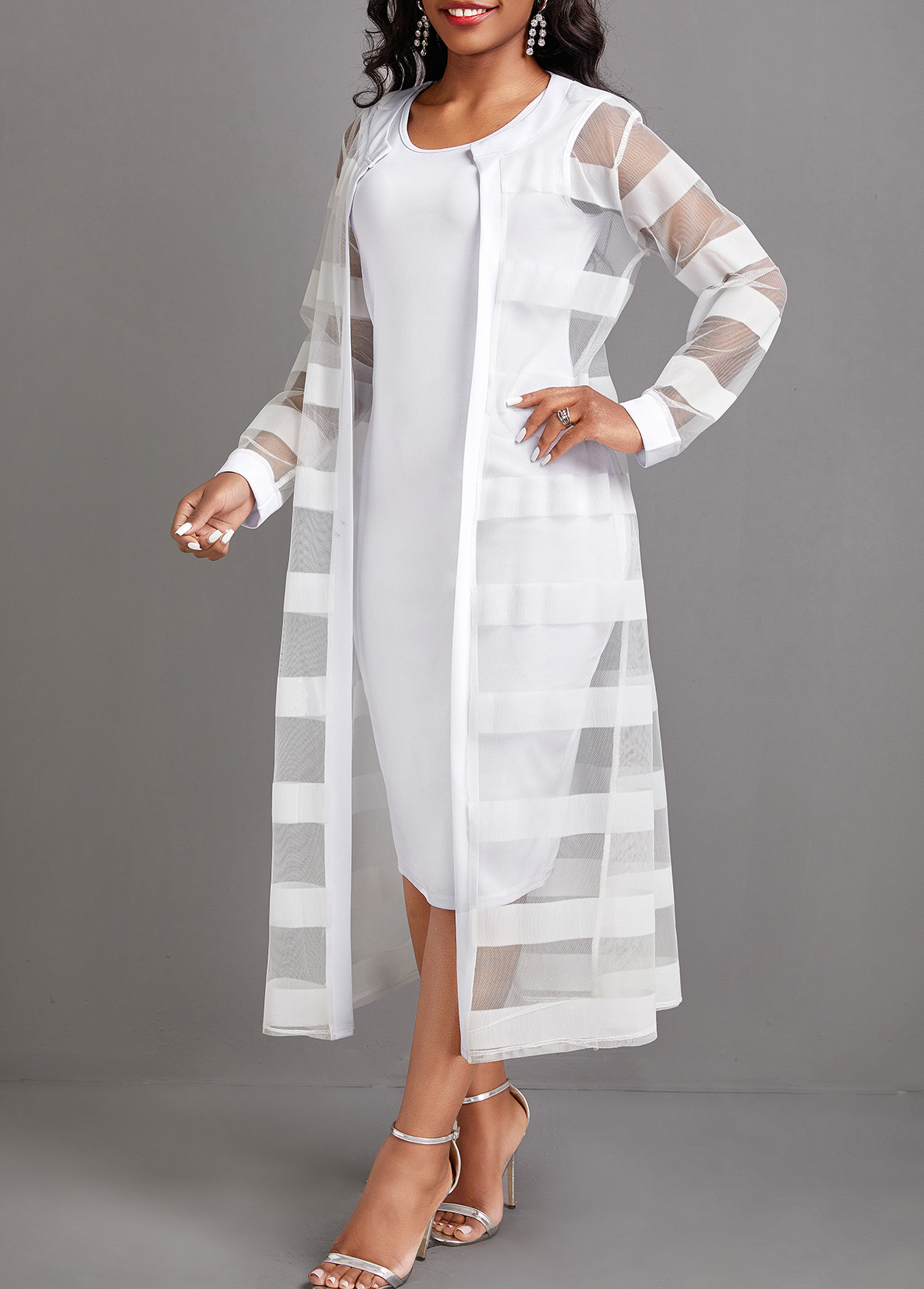 White Two Piece Long Sleeve Dress and Cardigan