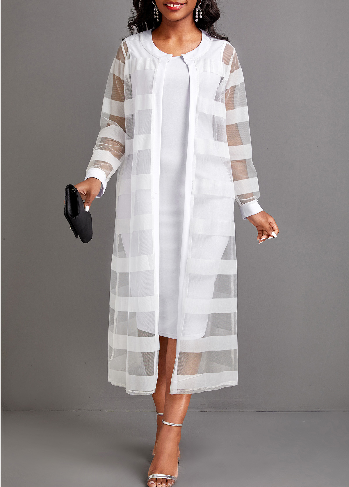 White Two Piece Long Sleeve Dress and Cardigan