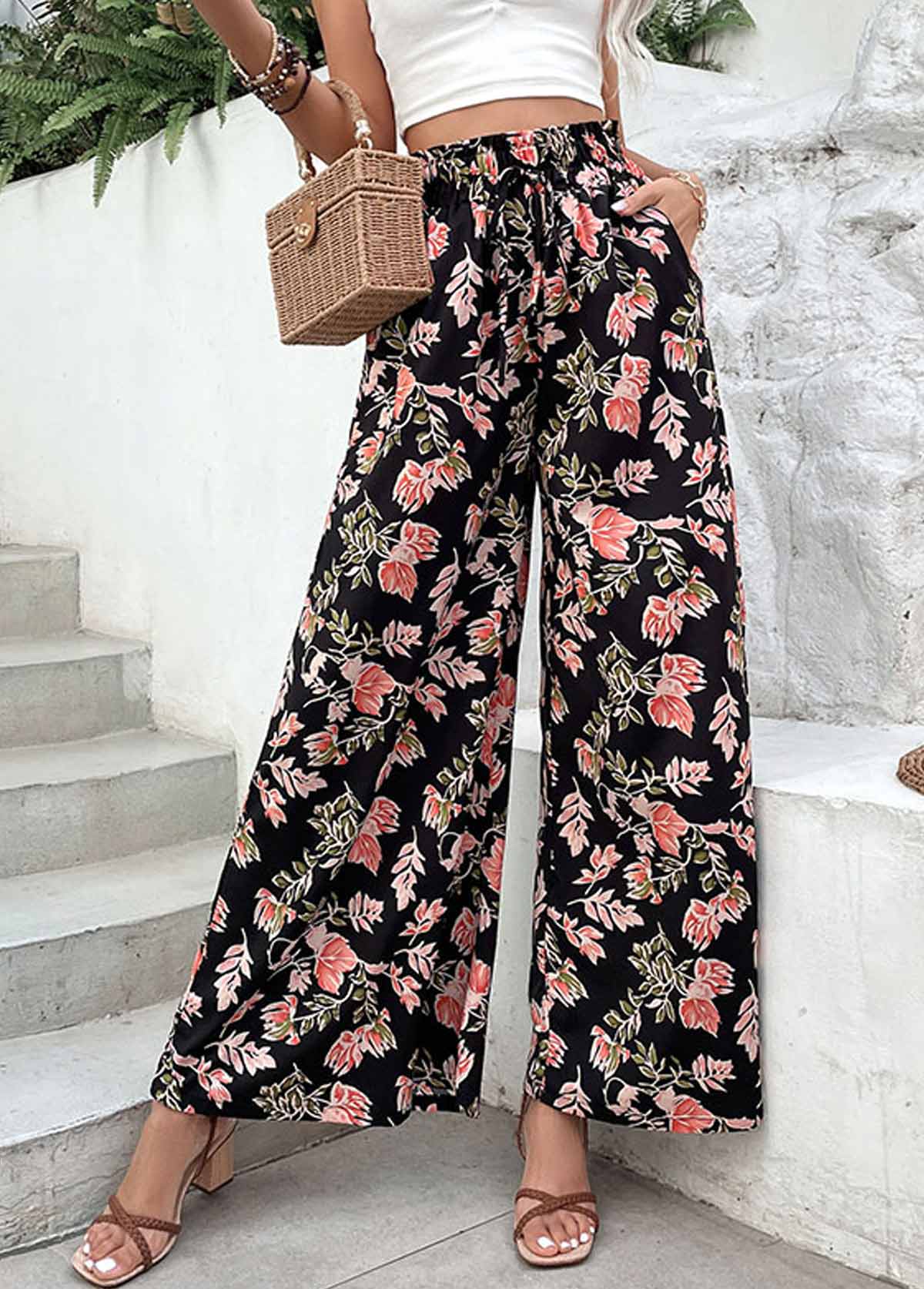 Black Lightweigh Floral Print Elastic Waist Pants | picture 