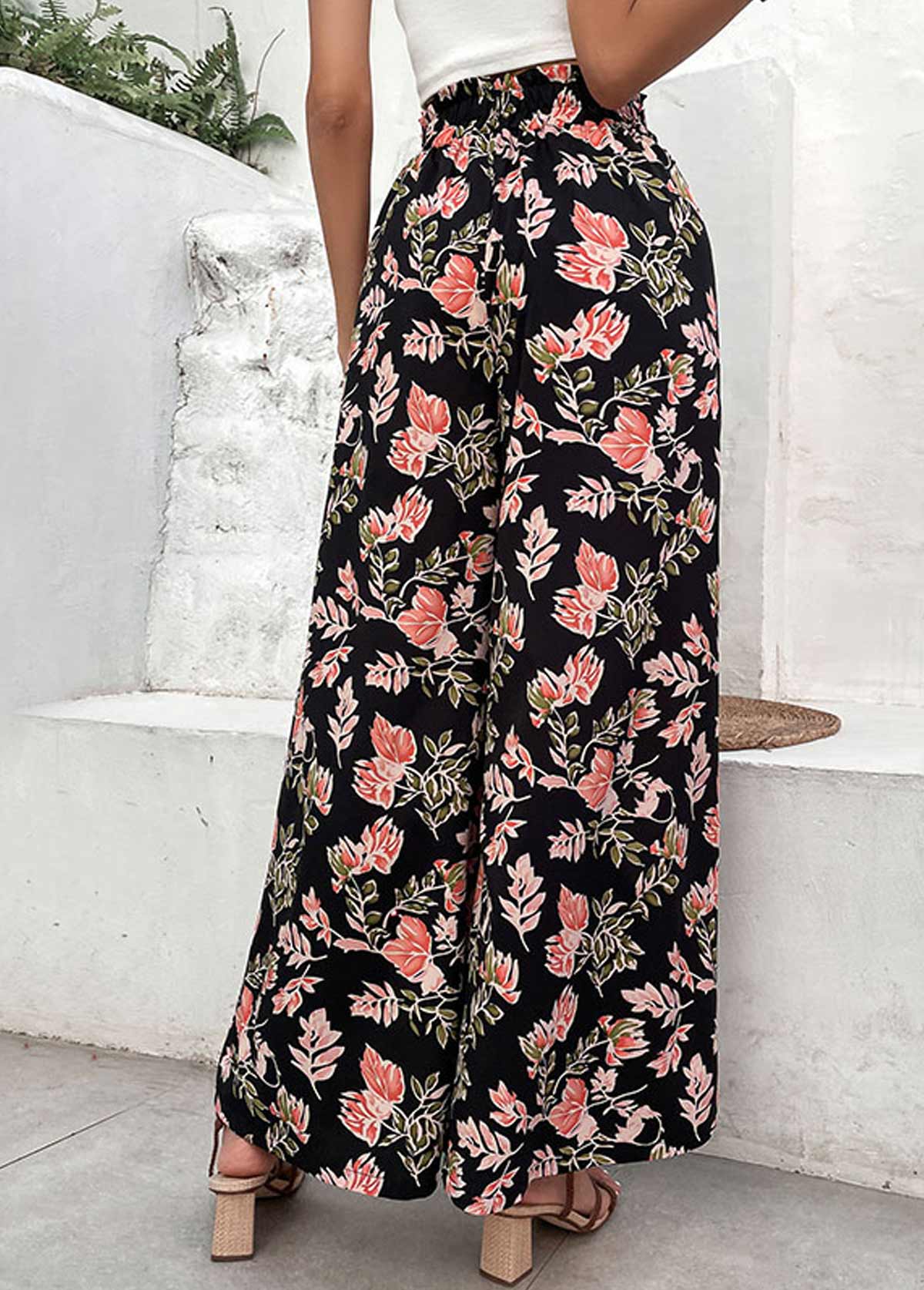 Black Lightweigh Floral Print Elastic Waist Pants | picture 
