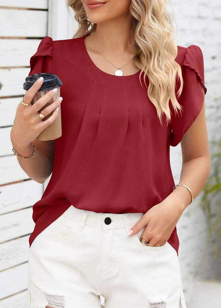 Wine Red Ruched Short Sleeve T Shirt | picture 