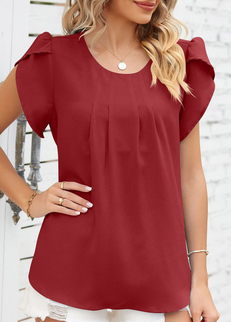 Wine Red Ruched Short Sleeve T Shirt