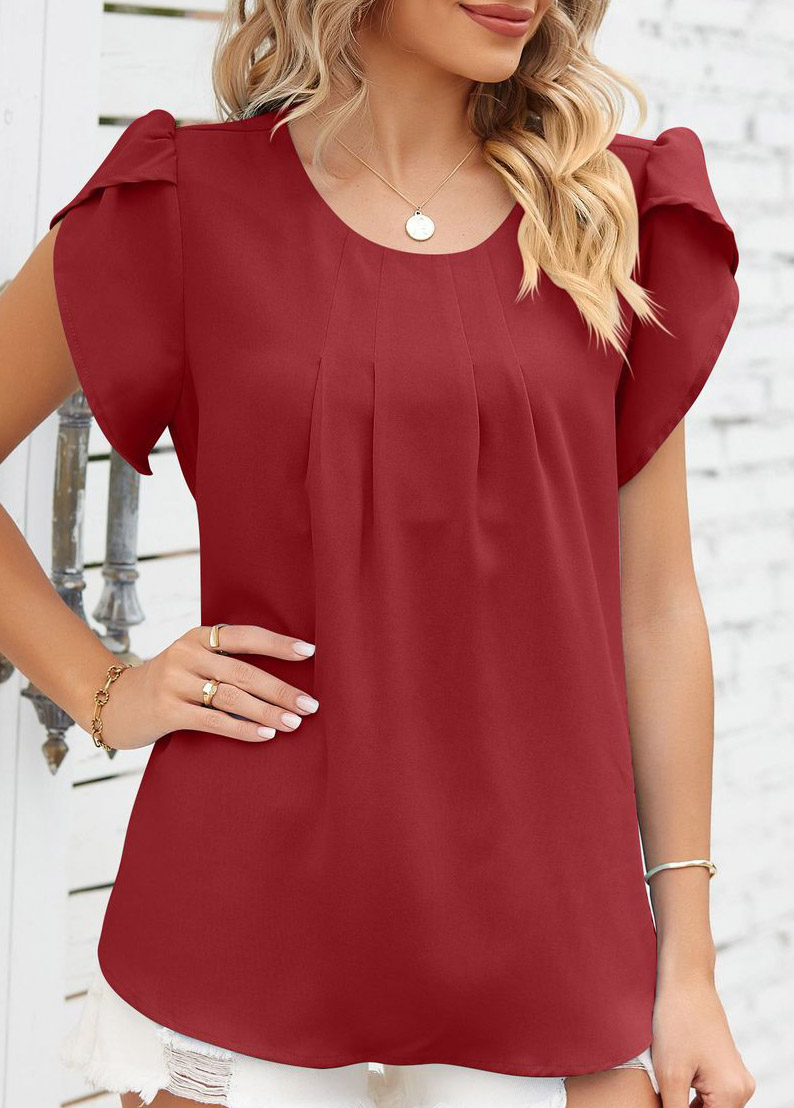 Wine Red Ruched Short Sleeve T Shirt | picture 