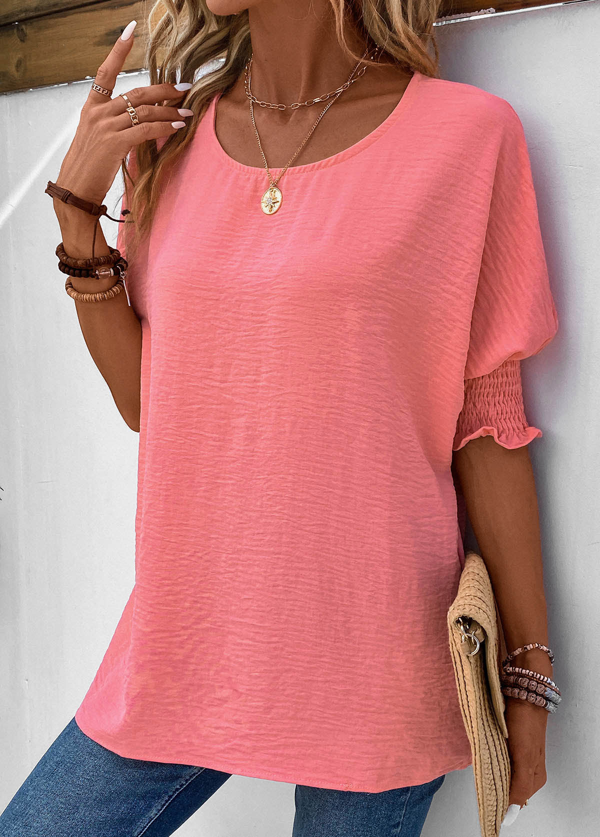 Pink Smocked Half Sleeve Round Neck T Shirt