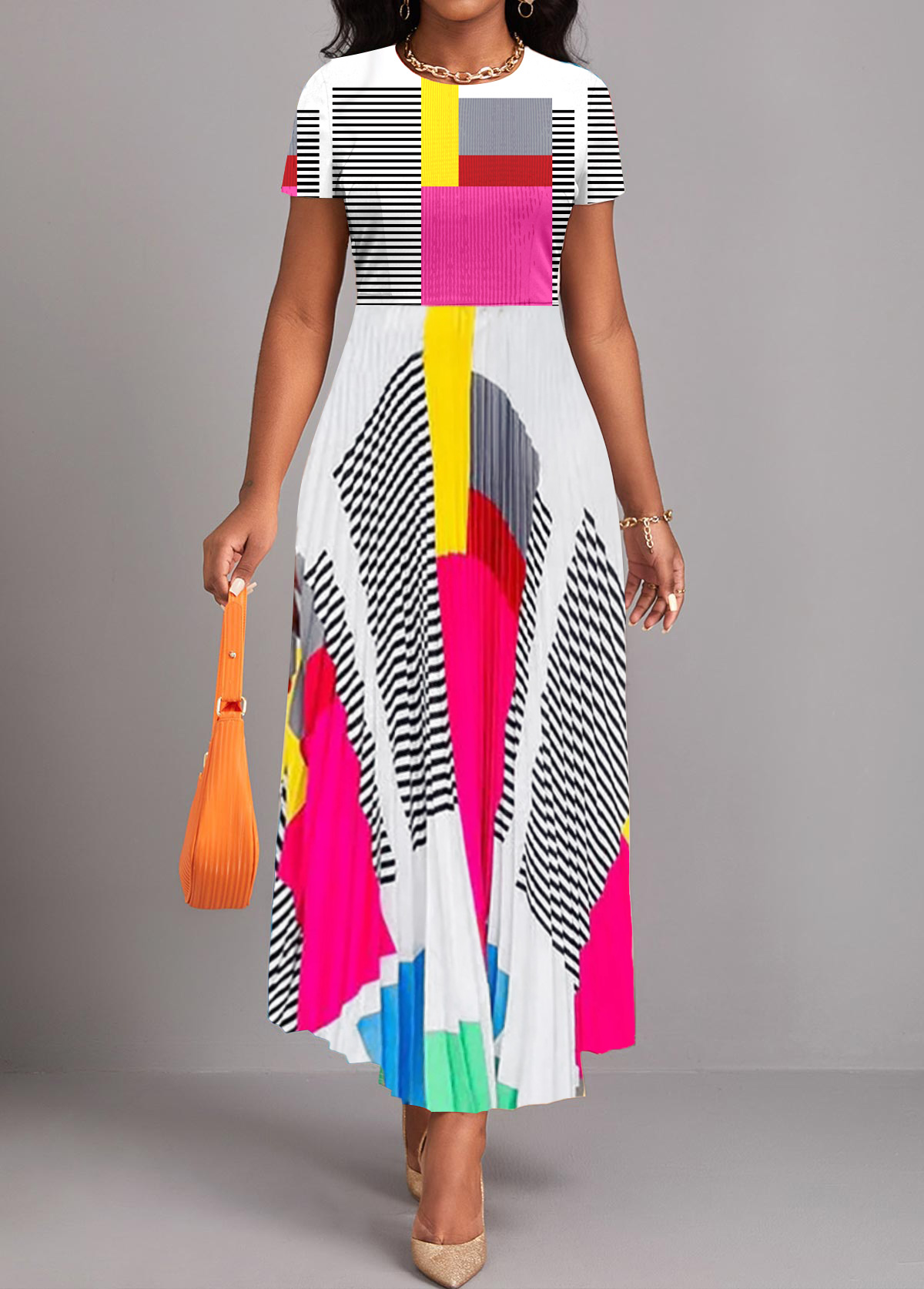 Multi Color Pleated Geometric Print Maxi Dress