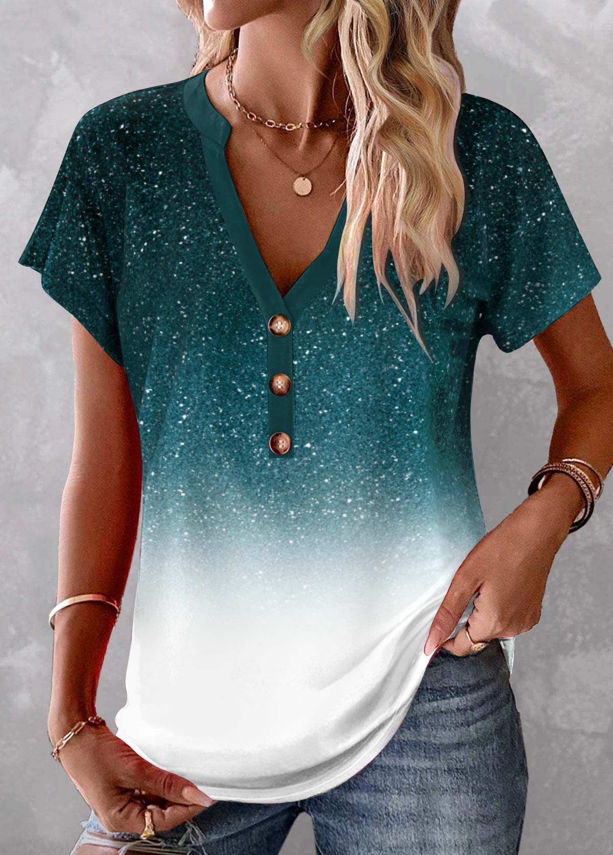 Turquoise Button Ombre Short Sleeve V Neck Blouse