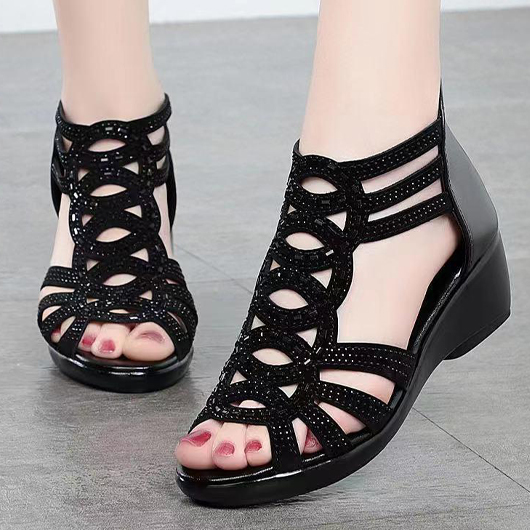 Black Peep Toe Mid Heel Sandals
