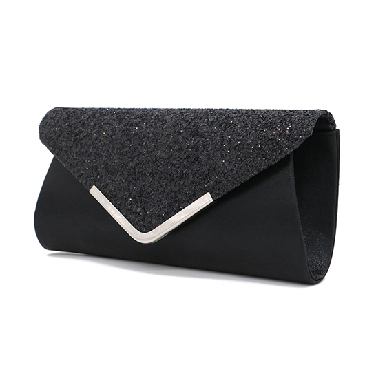 Black Magnetic Sequined V Design Evening Bag