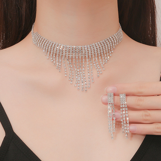 Silvery White Alloy Earrings and Necklace | picture 