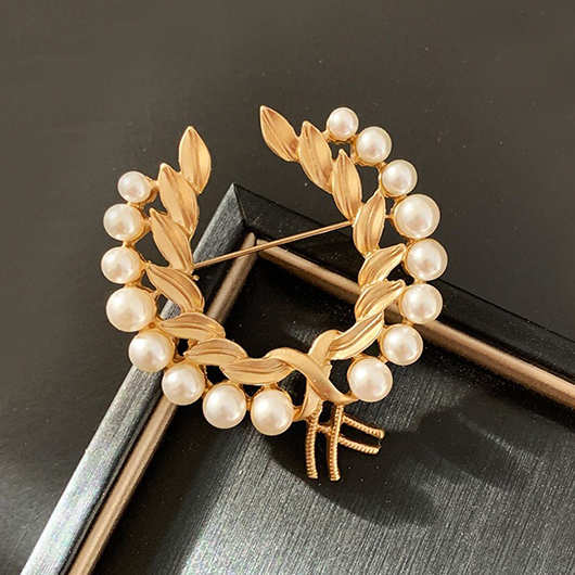Gold Pearl Design Leaf Detail Brooch