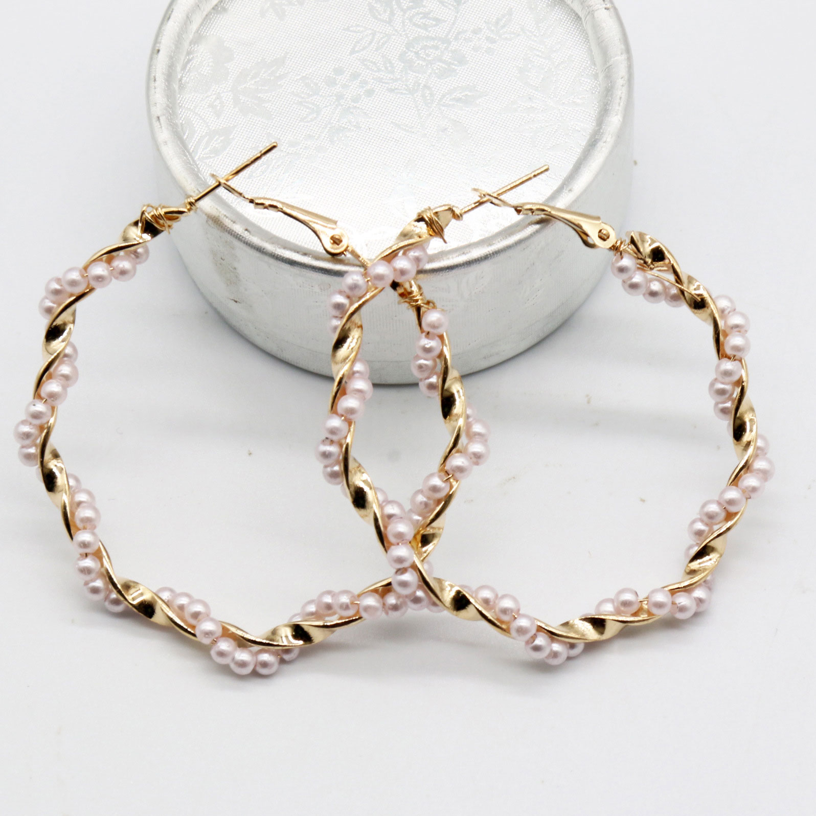 Gold Metal Round Pearl Design Earrings