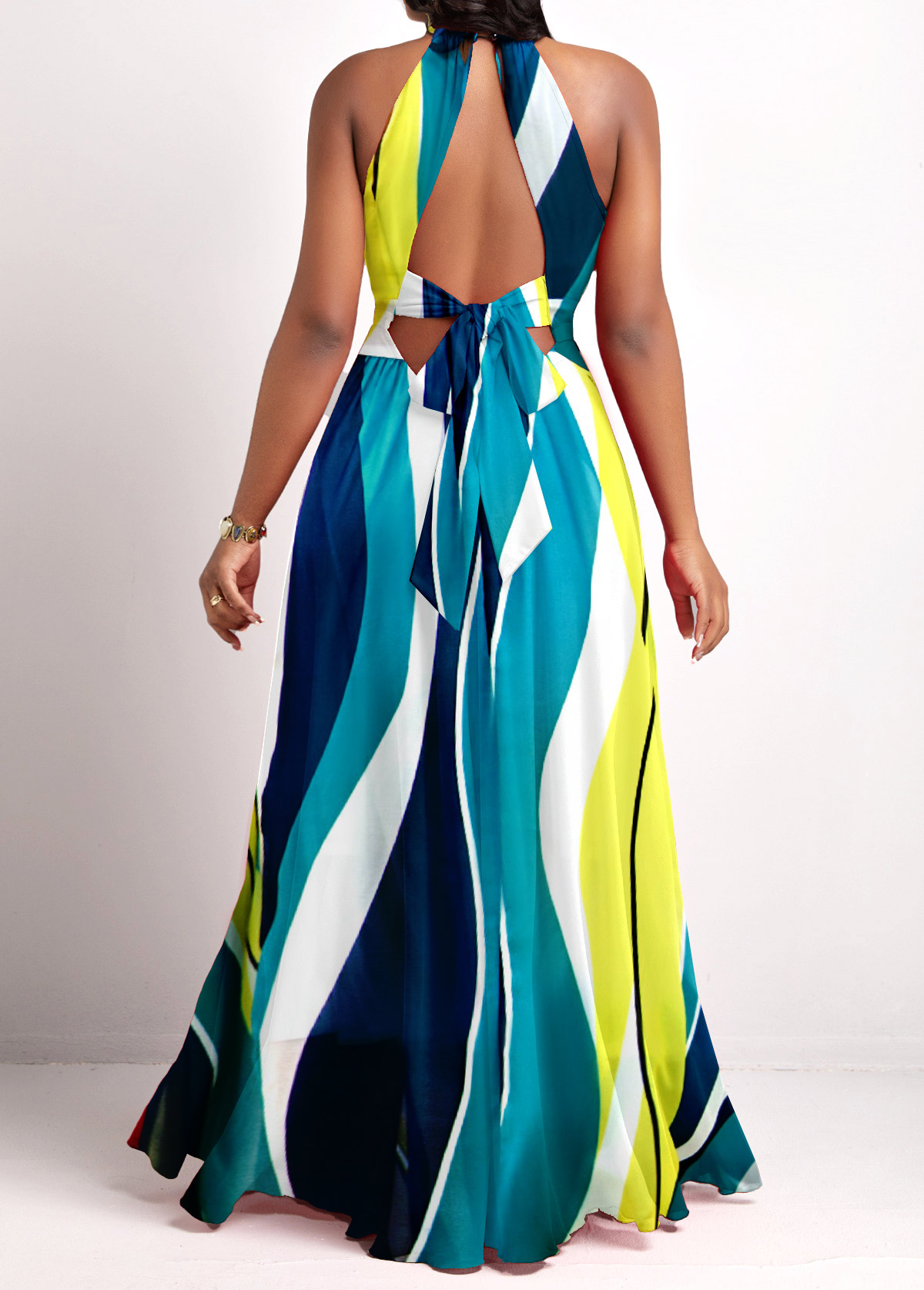 Multi Color Cut Out Striped Sleeveless Maxi Dress