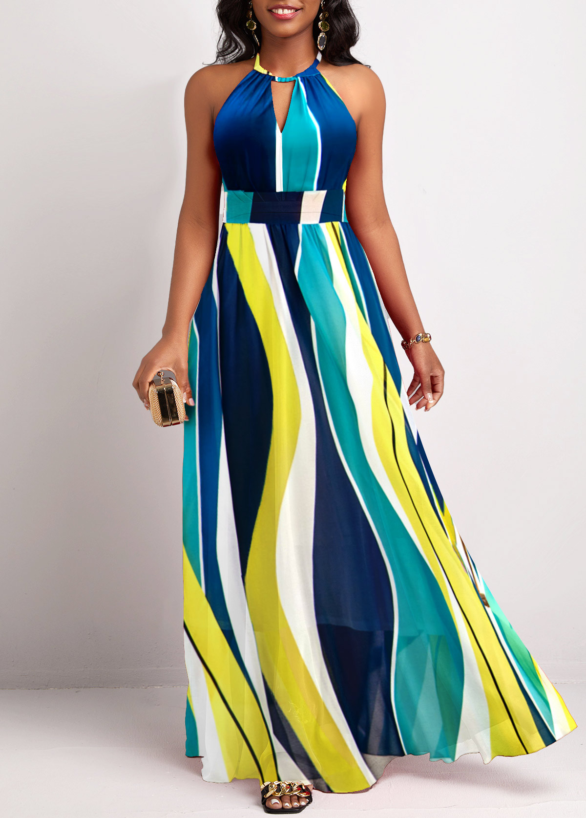 Multi Color Cut Out Striped Sleeveless Maxi Dress
