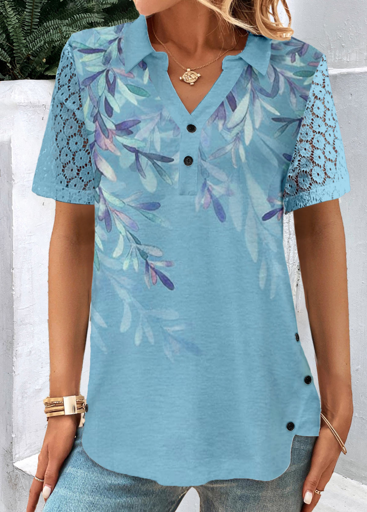 Blue Button Plants Print Short Sleeve Shirt Collar Blouse | picture 
