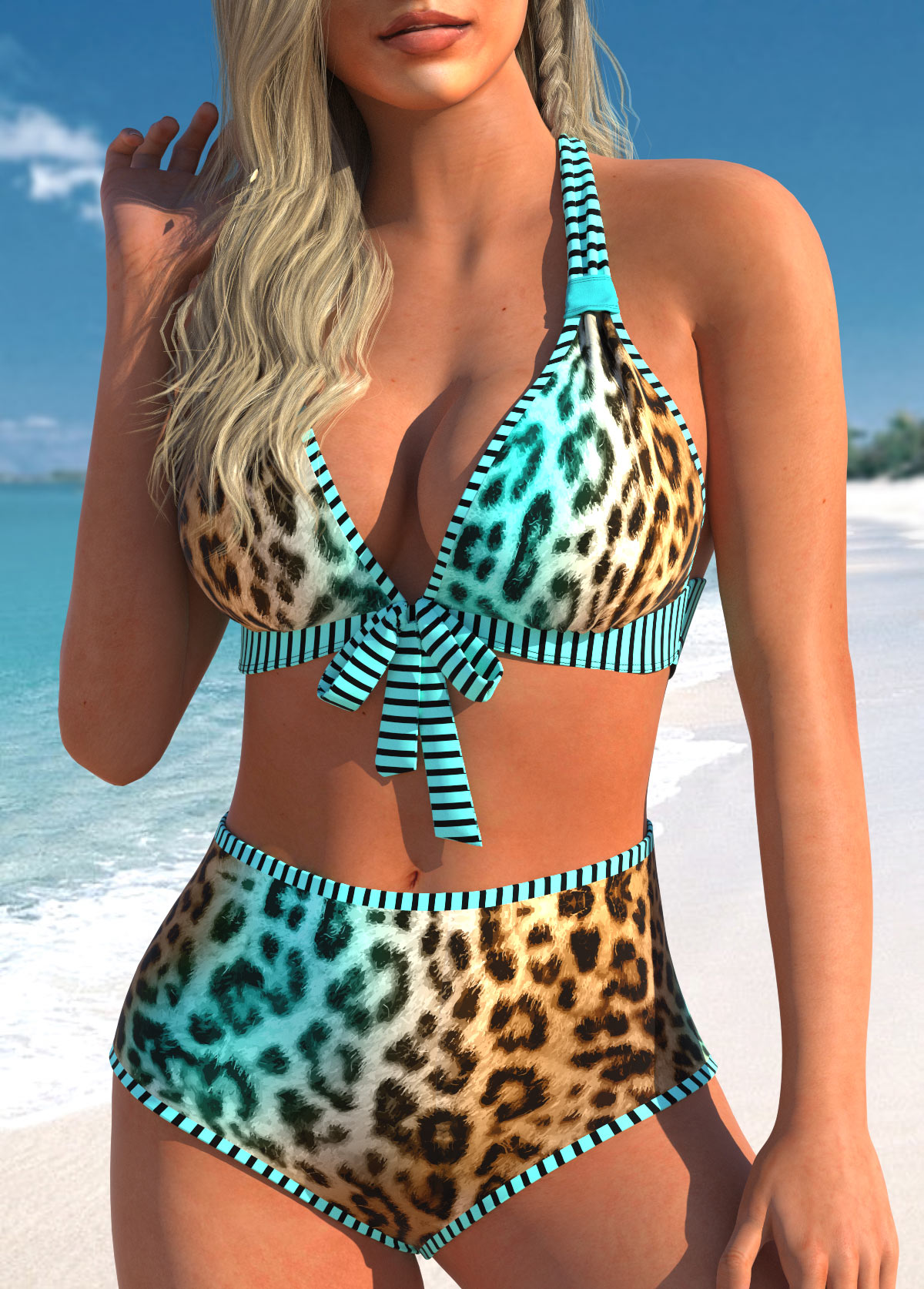 Bowknot Mid Waisted Leopard Cyan Bikini Set