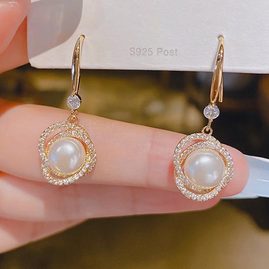 Gold Oval Pearl Drop Dangle Earrings | picture 