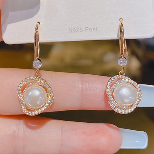 Gold Oval Pearl Drop Dangle Earrings | picture 