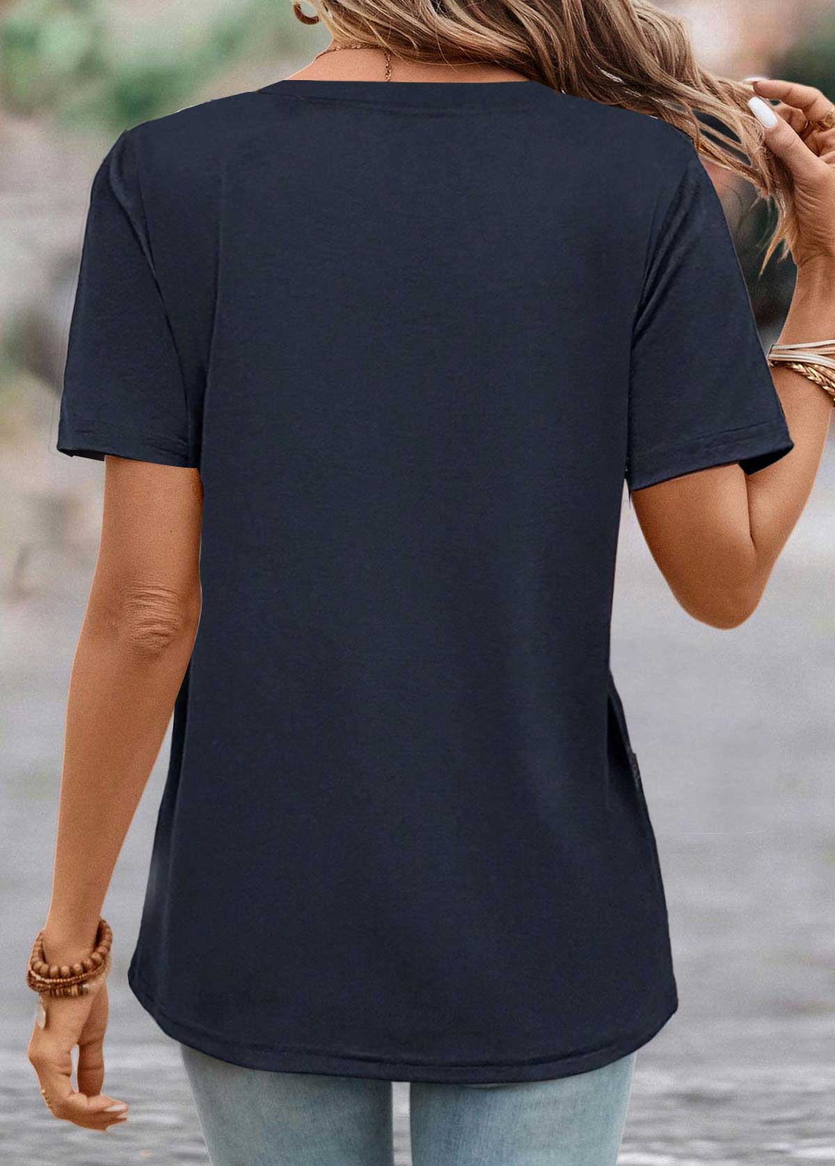 Navy Button Striped Short Sleeve T Shirt