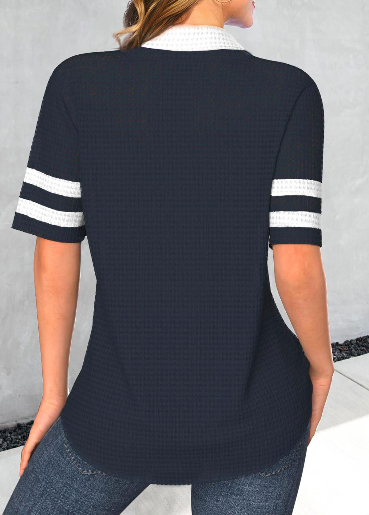 Navy Patchwork Short Sleeve Polo Collar T Shirt