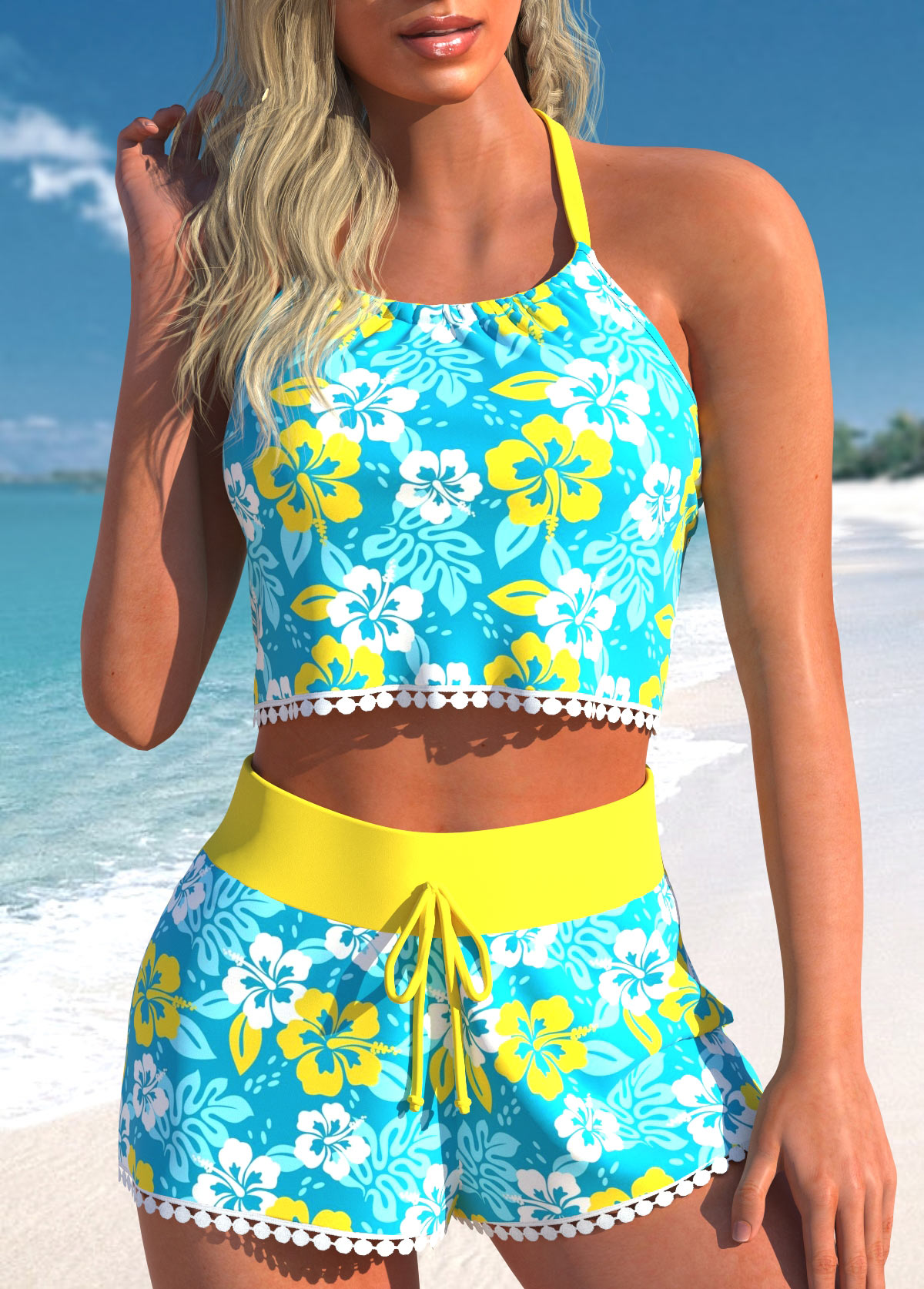 Tassel High Waisted Floral Print Cyan Bikini Set | picture 