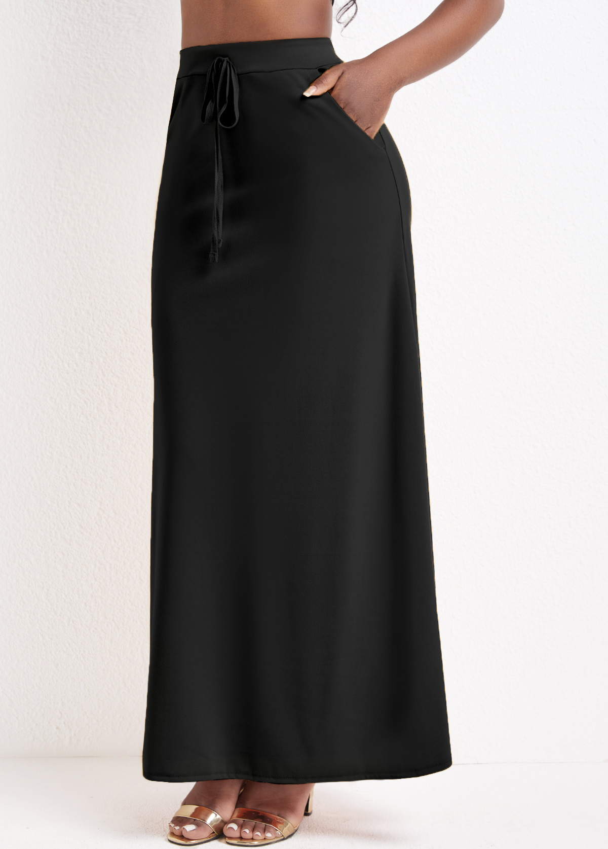 Black Pocket A Line Drawastring Maxi Skirt