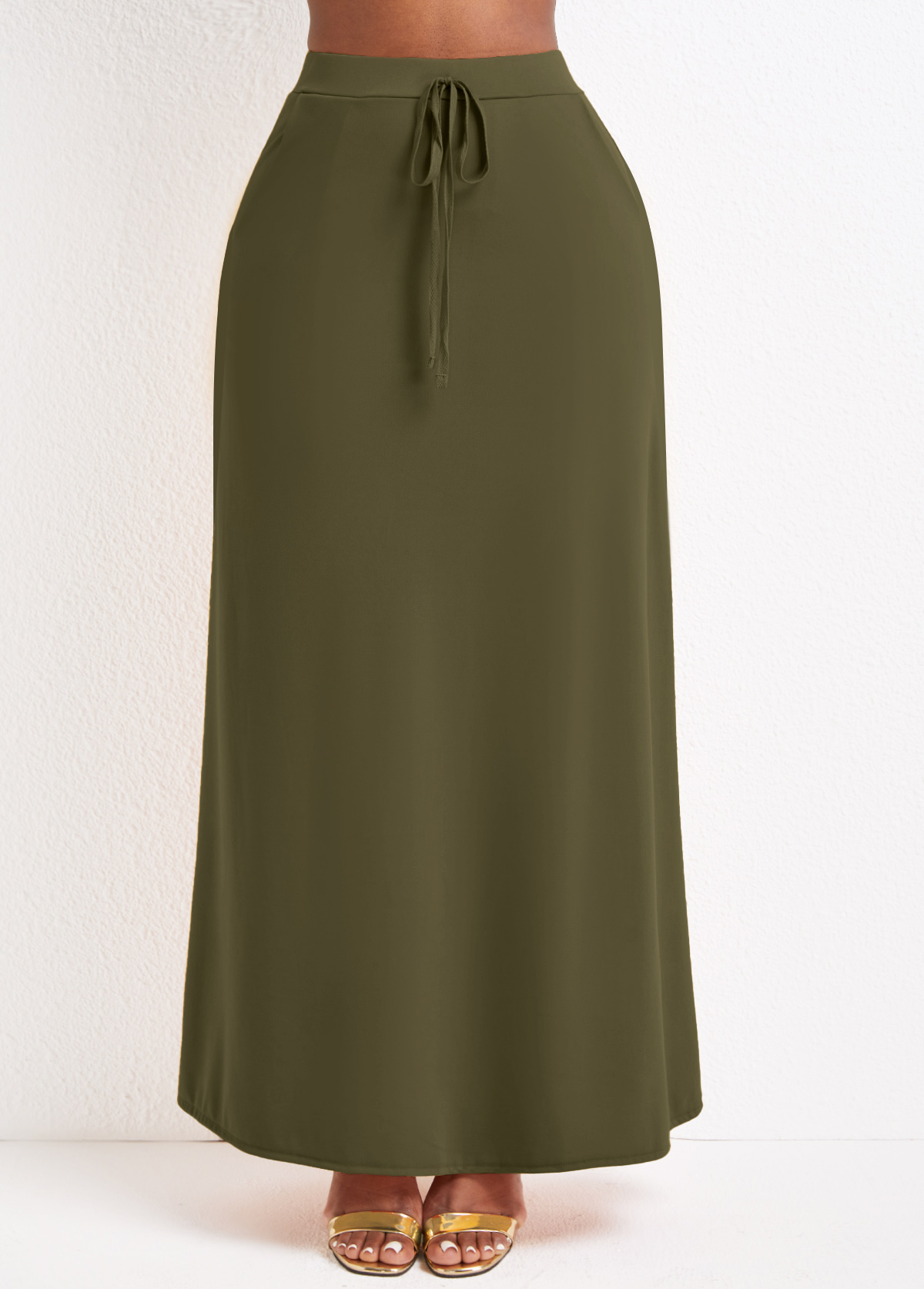 Olive Green Pocket A Line Drawastring Maxi Skirt