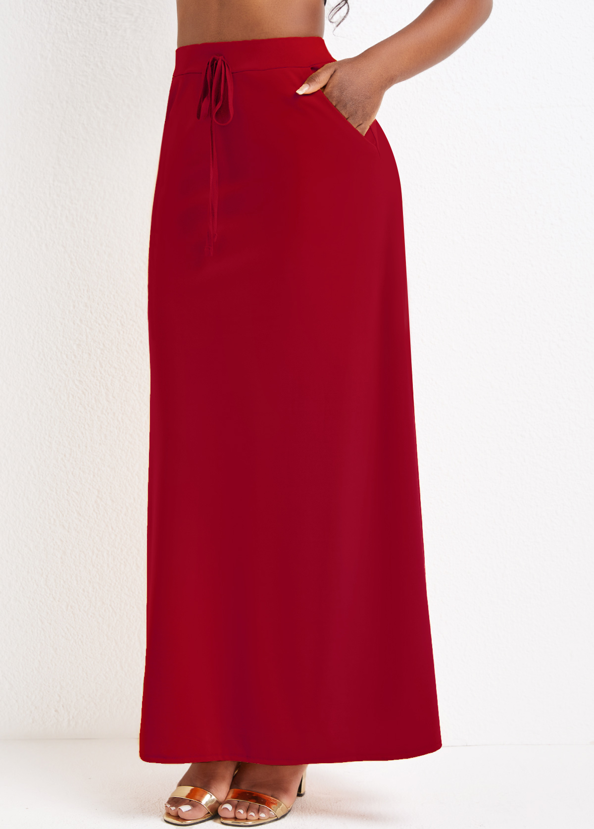 Wine Red Pocket A Line Drawastring Maxi Skirt