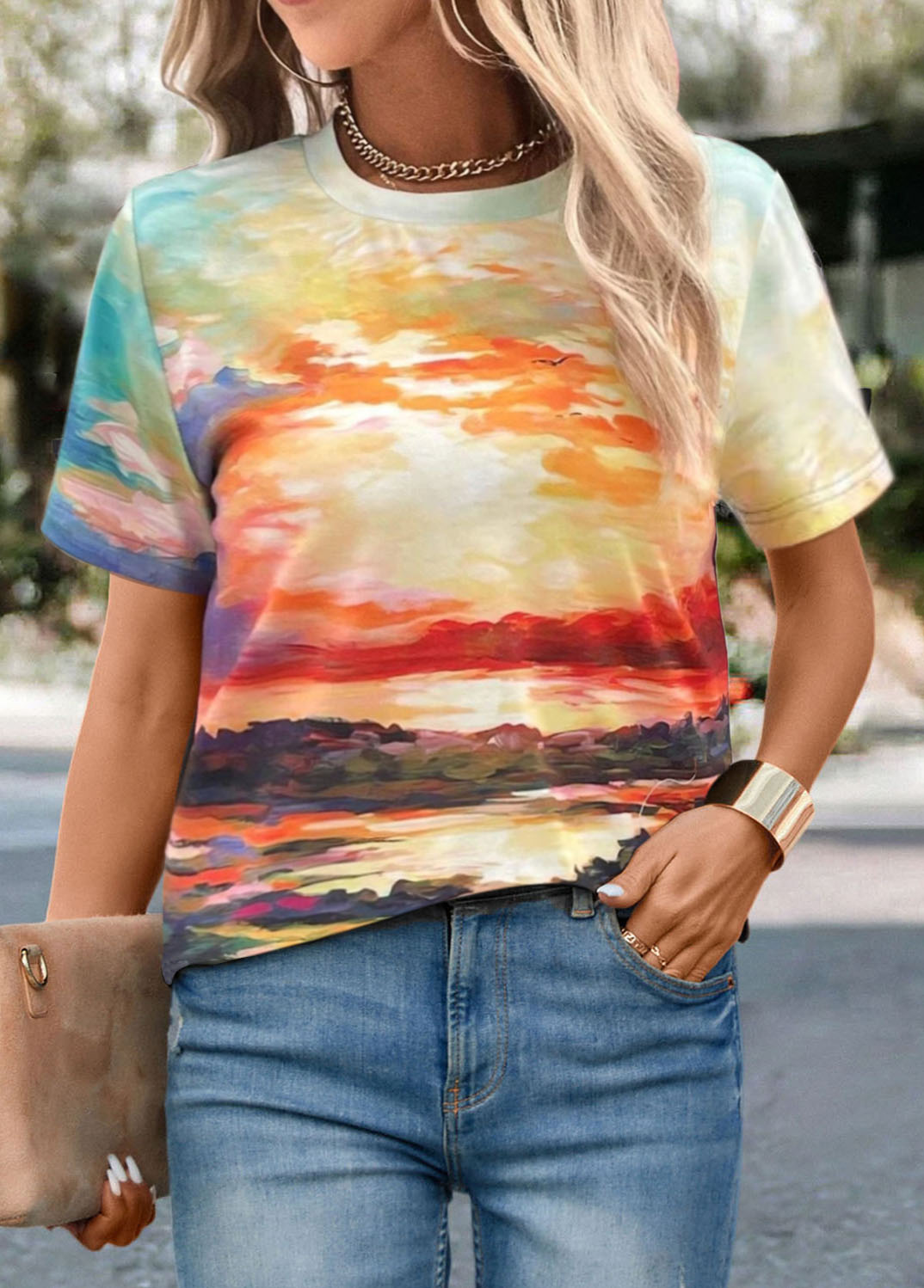 Multi Color Landscape Print Short Sleeve T Shirt