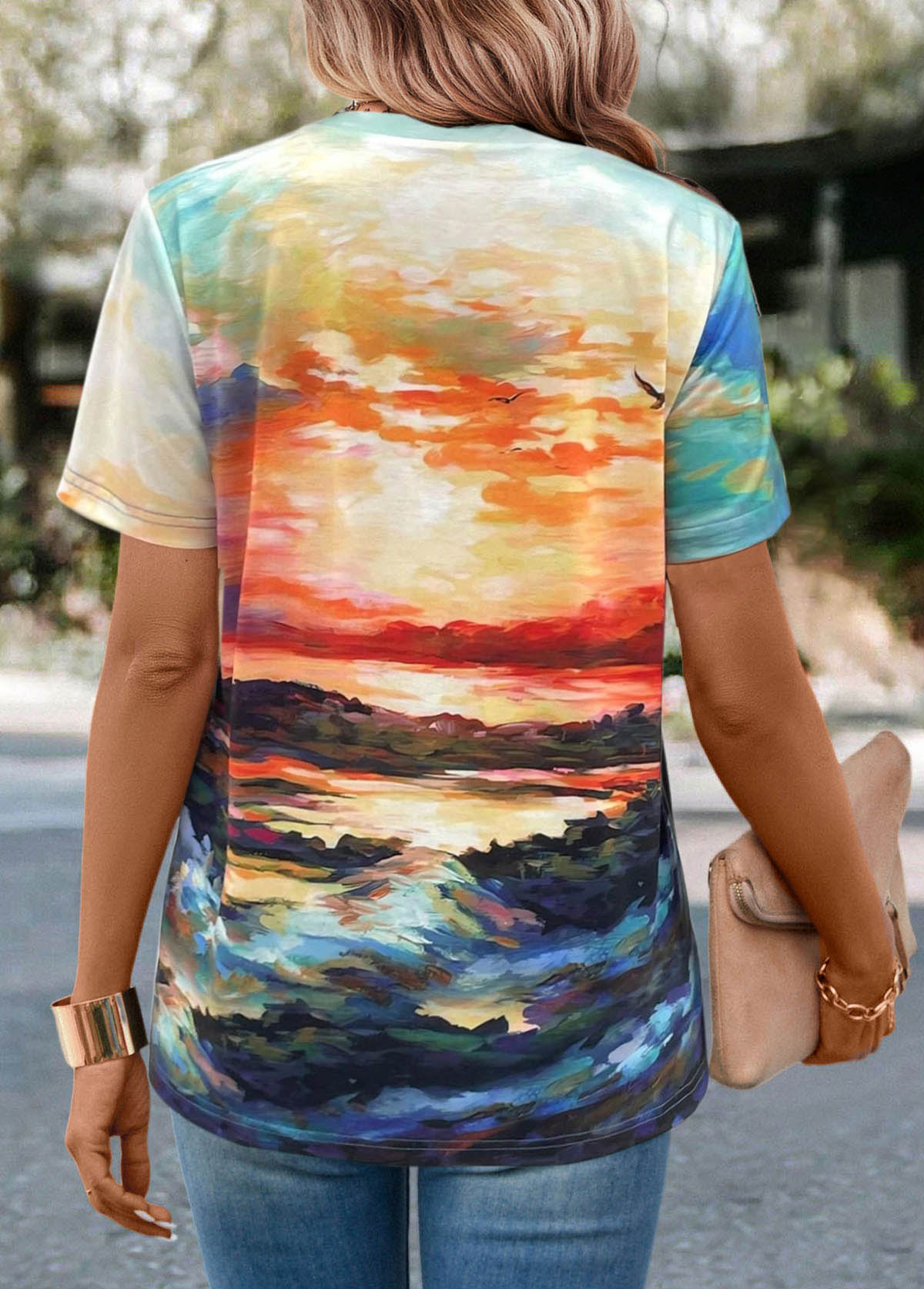 Multi Color Landscape Print Short Sleeve T Shirt | modlily.com - USD 21.98