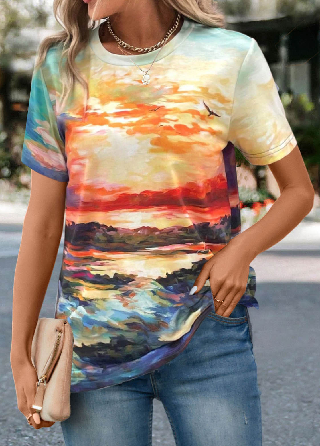 Multi Color Landscape Print Short Sleeve T Shirt