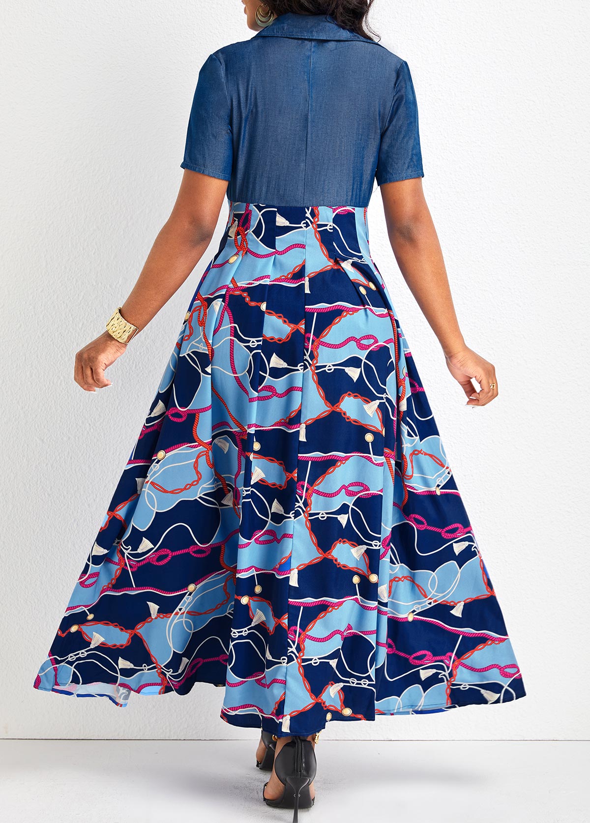 Denim Blue Button Chain Print Maxi Dress