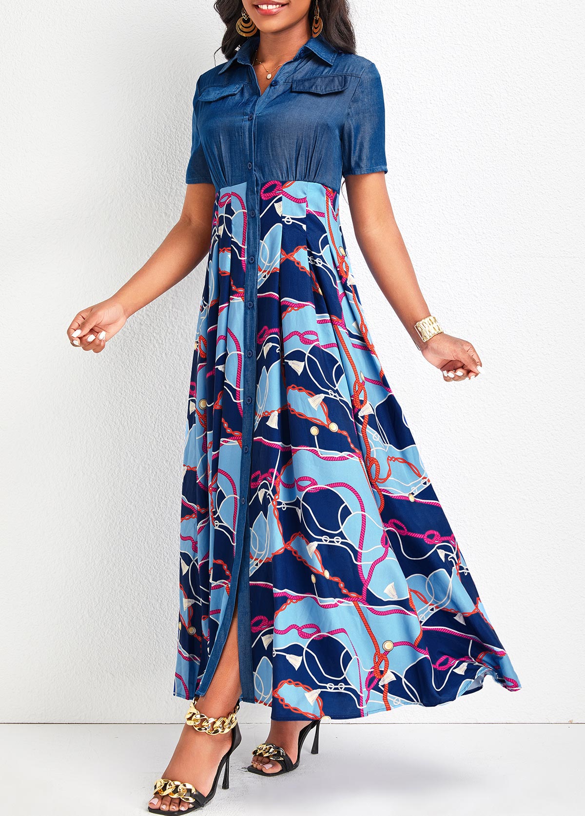 Denim Blue Button Chain Print Maxi Dress