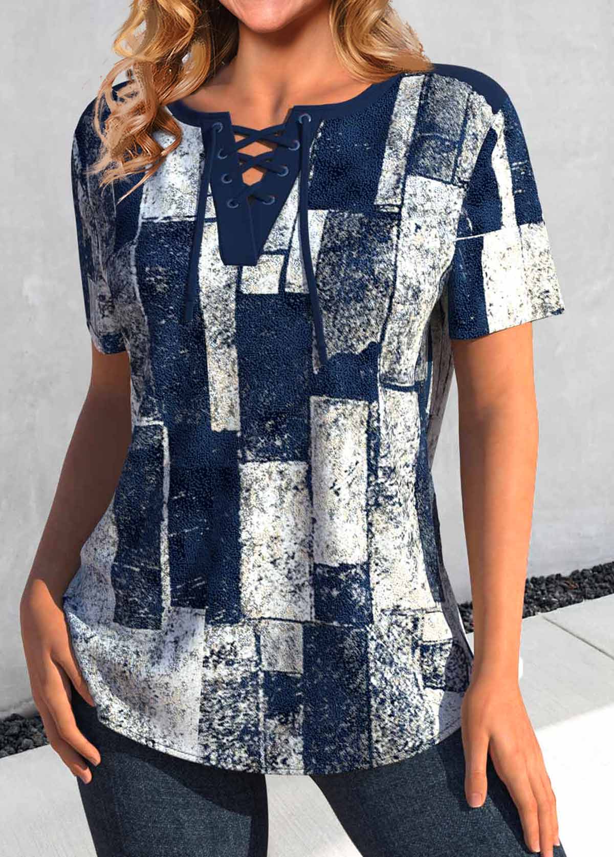 Navy Lace Up Geometric Print Short Sleeve Blouse | picture 