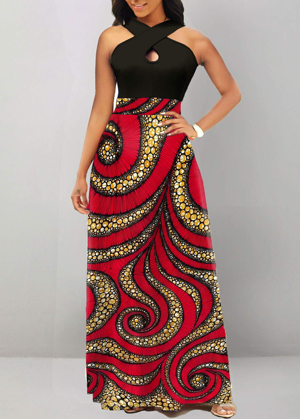 Black Cut Out African Tribal Print Maxi Dress
