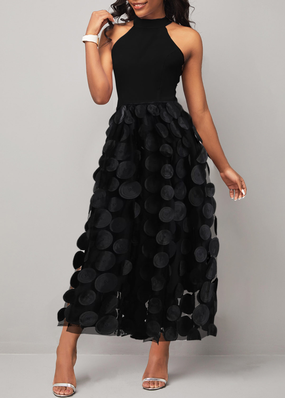 Black Patchwork Sleeveless Round Neck Maxi Dress